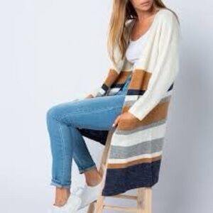 So Perla Striped Open Front Cardigan with Pockets, Size Medium, Cream Blue Brown